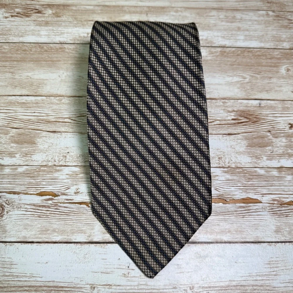 Brooks Brothers Tie Men OS Blue Tan Striped Micro Check Silk Makers USA